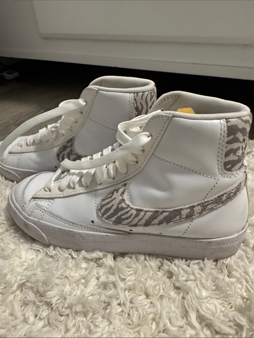 Nike Kids White High-Top Sneakers with Grey Zebra Swoosh